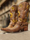 Retro Sunflowers Embroidered Pointed Toe Chunky Heel Harness Cowboy Boots For Women - Brown