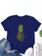 Pineapple Sunflower Printed Letters O-neck Short Sleeve T-shirt - Blue