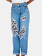 Women Leopard Print Patchwork Ripped Casual Denim Jeans - Blue
