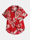 Mens 100% Cotton Breathable Hawaiian Tropical Plant Short Sleeve Shirt - Red