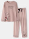 Women Rib Letter Figure Print Crew Neck Cotton Home Pajamas Sets - Pink