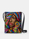 Women Black Woman Pattern Print Leather Crossbody Bag Shoulder Bag - Blue