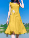 Women Floral Embroidered V-Neck Ruffle Hem Cotton Sleeveless Dress - Yellow