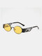 نظارات شمسية بإطار بيضاوي معدني بالكامل للجنسين بأرجل جوفاء عدسات ملونة مضادة للأشعة فوق البنفسجية - عدسات سوداء إطار أصفر