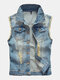 Large Size Mens Denim Vest Vintage Sleeveless Ripped washed jeans waistcoats - Light Blue