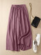 Women Solid Cotton Casual Drawstring Waist Wide Leg Pants - Purple