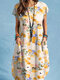 Women Watercolor Floral Print Double Pocket Short Sleeve Dress - Yellow