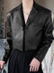 Mens Solid Lapel Faux Leather Casual Crop Blazer - Black