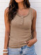Solid Ribbed Knit Sleeveless Button Crew Neck Tank Top - Coffee