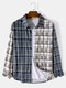 Mens Plaid Patchwork Corduroy Button Up Long Sleeve Shirts - Gray