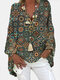 Blusa casual feminina estampa geométrica manga longa com decote em V - Café