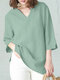 Solid Split V Neck Cotton Casual Blouse - Green