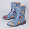 LOSTISY Women Flowers Embroidered Zipper Mid Calf Chunky Heel Knight Boots - Blue