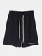 Women Cotton Mid Length Letters Shorts Elastic Waist Breathable Pockets Lounge Bottoms For Gym - Black