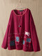 Corduroy Floral Embroidered Patch Long Sleeve Blouse - Red