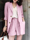 Stripe Print Button Front Pocket Long Sleeve Two Pieces Suit - Pink