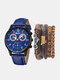 5 Pcs/Set PU Alloy Men Business Casual Watch Decorated Pointer Quartz Watch Bracelets - Blue+Black