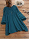 Casual Solid Color Long Sleeve Button O-neck Blouse For Women - Lake Blue