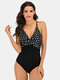 Plus Size Women Polka Dot Print Splice Skinny Fit One Piece Swimwear - White & Black
