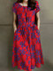 Allover Floral Print Pocket Drawstring Waist Dress - Red