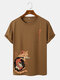 Mens Japanese Cat & Fish Print Crew Neck Short Sleeve T-Shirts - Brown