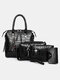 Women 4 PCS Alligator Pattern Print Tassel Crossbody Bag Handbag - Black