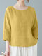 Women Solid Crew Neck Cotton Casual 3/4 Sleeve Blouse - Yellow
