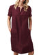 Pocket Solid Color V-neck Button Short Sleeve Plus Size Dress - Wine Red