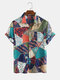 Men Leopard Color Block Stitching Printed Beach Casual Shirt - Blue