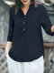 Solid Button Pocket V Neck Casual Cotton Blouse - Navy