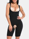 Women Floral Print Ribbed Breast Support Slimming Breathable Body Shaper Onesies Shapewear - Black