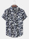 Mens Floral Pattern Lapel Short Sleeve Curved Hem Shirt - Navy