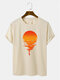 Mens 100% Cotton Sunrise Print Crew Neck Short Sleeve T-Shirts - Apricot