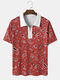 Men Paisley Print Hit Neck Half Zipper Polos Shirts - Red