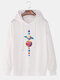 Mens Cartoon Planets Print Daily Loose Pullover Drawstring Hoodie - White