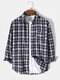 Mens Plaid Lapel Long Sleeve Button Up Shirt With Pocket - Navy
