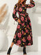 Cottagecore Flower Print Sash Lettuce-Edge Long Sleeve Maxi Dress - Red
