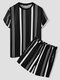 Mens Black & White Striped Crew Neck Preppy Two Pieces Outfits - Black