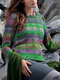 Casual Patchwork Crewneck Plus Size Knit Sweater - Green