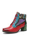 Socofy Casual Bohemian Color Block Patchwork Woolen Side-zip Square Toe Chunky Heel Short Boots - Red
