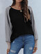 Contrast Color Long Sleeve O-neck T-shirt For Women - Black