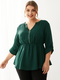 Solid Color V-neck Zip Front Elastic Waist Plus Size Blouse for Women - Green