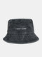 Unisex Washed Distressed Cotton Letter Slogan Embroidery All-match Sunshade Bucket Hat - Black