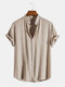 Mens Cotton Stand Collar Plain Basics Short Sleeve Shirts - Khaki