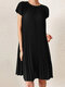 Women Solid Pleated Crew Neck Casual Short Sleeve Dress - Black