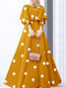 Women Polka Dot Print Crew Neck Drawstring Sleeve Muslim Maxi Dress - Yellow