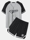Letter Print Contrast Ribbon V-Neck Mesh Jersey Two Pieces Outfits - Black