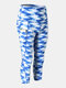Women Tie-Dye Quick-Drying Elastic Skinny High Waist Sports Cropped Pants With Side Pocket - Blue