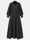 Solid Color Pocket Lapel Collar Long Sleeve Casual Dress For Women - Black