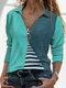 Striped Patchwork Lapel Collar Long Sleeve Zipper Blouse - Green